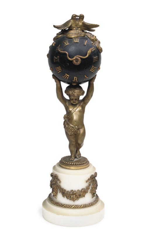 A FRENCH ORMOLU, TOLE-PEINT AND ALABASTER FIGURAL TIMEPIECE
