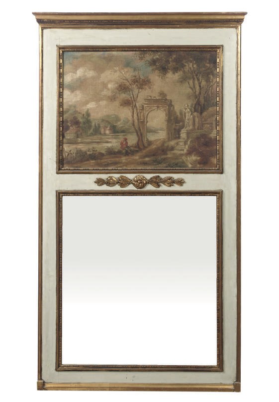 A FRENCH GREY PAINTED AND PARCEL-GILT OVERMANTEL MIRROR