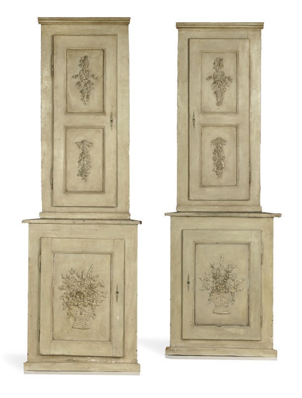 A PAIR OF FRENCH PROVINCIAL GREY PAINTED CORNER CUPBOARDS