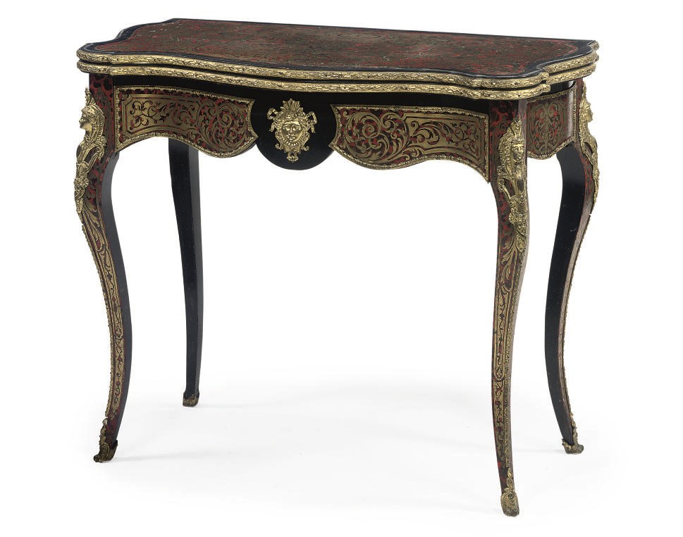 A NAPOLEON III GILT-METAL-MOUNTED, EBONIZED AND BOULLE MARQUETRY DROP-LEAF SIDE TABLE