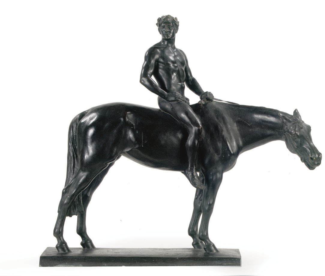 A BRONZE GROUP OF A MAN ON HORSEBACK 'GERMANE'