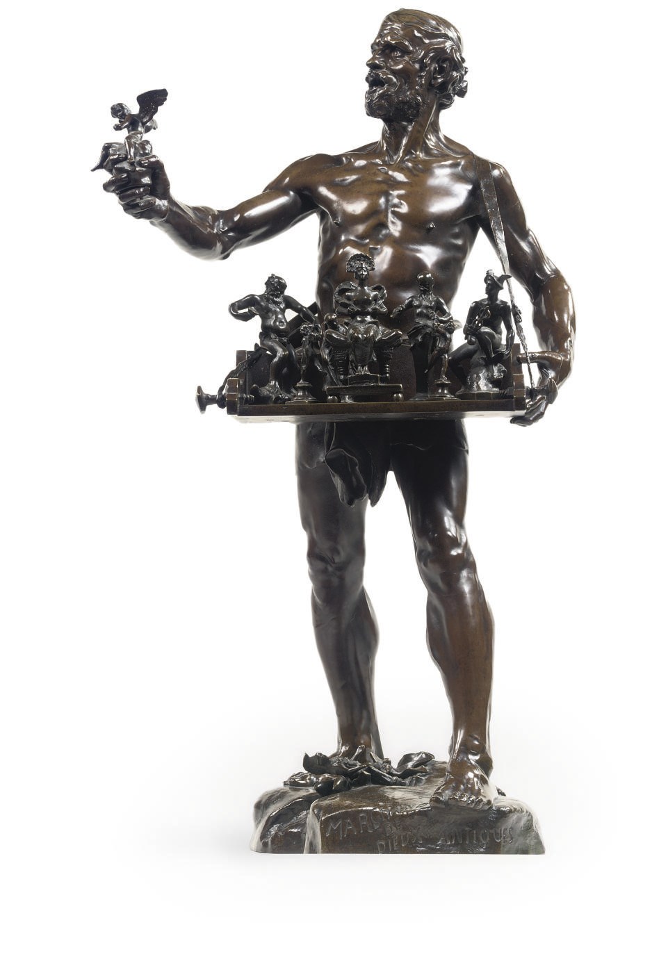 A BRONZE FIGURE OF A TRAVELLING SALESMAN ENTITLED 'LE MARCHAND DE DIEUX ANTIQUES'