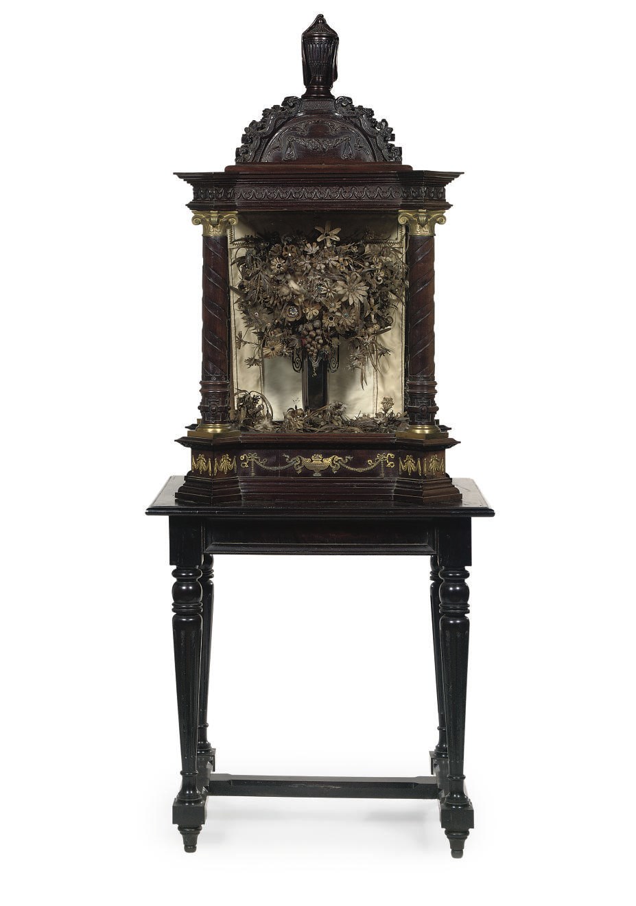 A DUTCH GILT-BRASS MOUNTED WALNUT AND STAINED WALNUT VITRINE ON STAND CONTAINING A HAIR-WORK BOUQUET