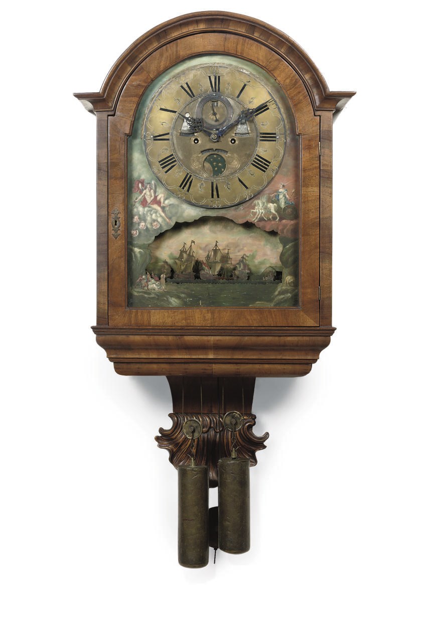 A GERMAN WALNUT HOOD CLOCK WITH 'SCHEEPJESMECHANIEK' (AUTOMATON SHIPS)