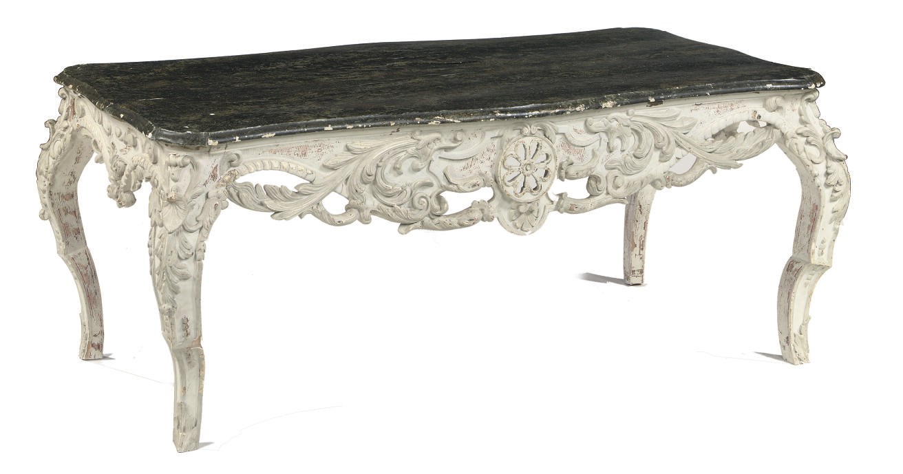 AN ITALIAN GREY PAINTED AND MARBLEIZED CENTRE TABLE
