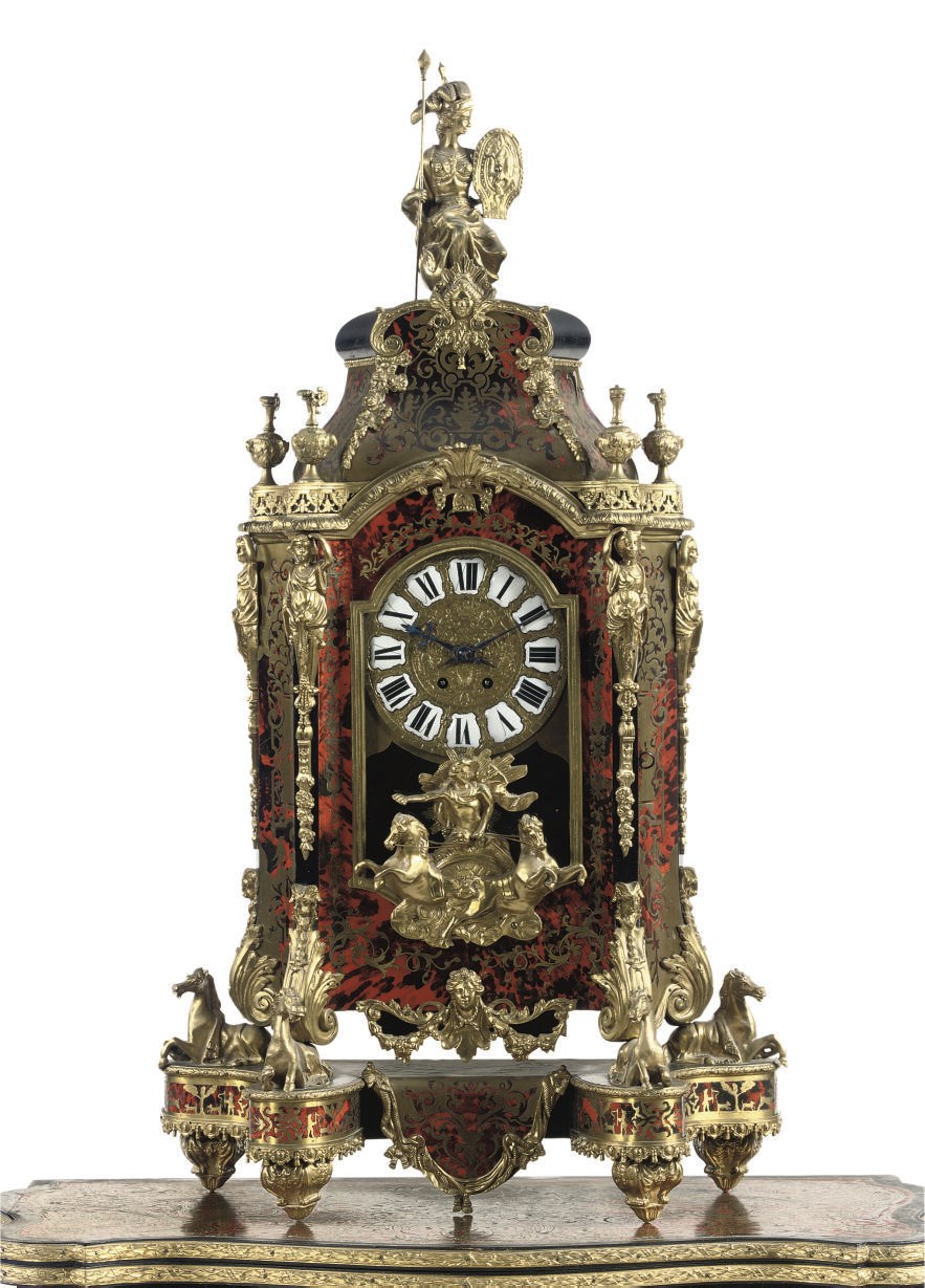 A LARGE GILT-BRONZE MOUNTED, TORTOISESHELL AND BOULLE MARQUETRY STRIKING BRACKET CLOCK 'AUX CHEVAUX'