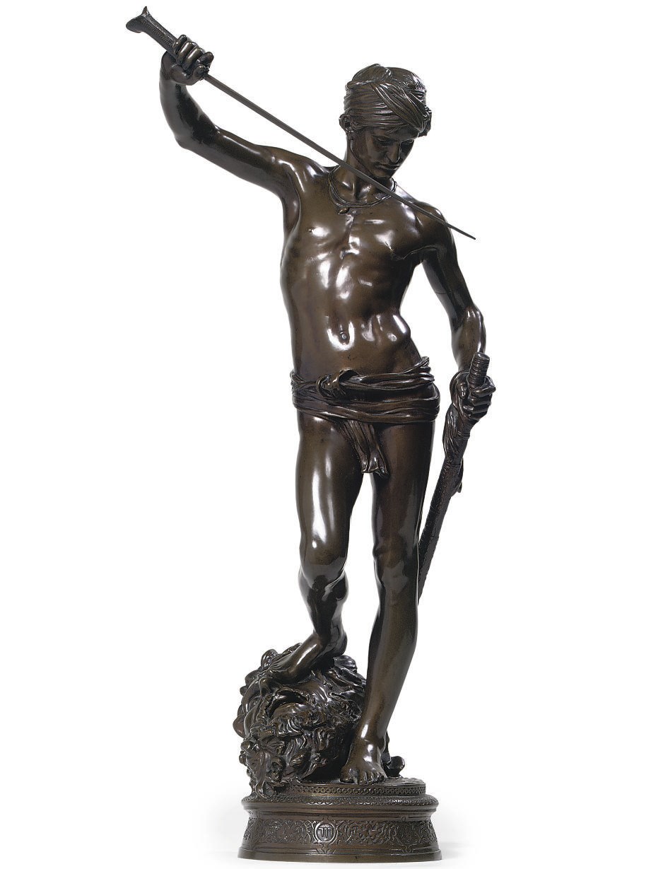 A FRENCH BRONZE FIGURE OF DAVID ENTITLED 'DAVID, VAINQUEUR DE GOLIATH'