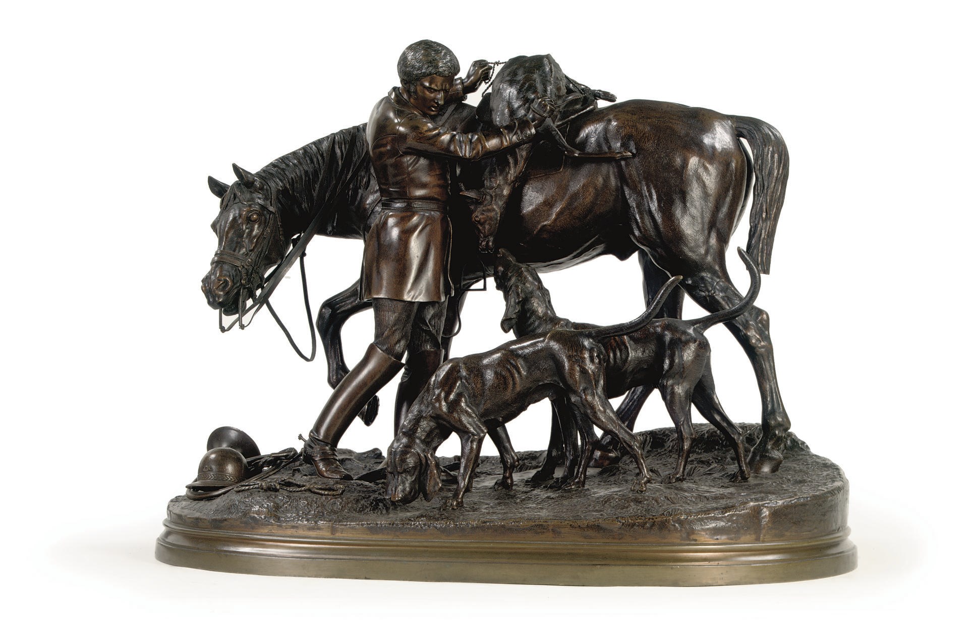 A BRONZE GROUP OF A YOUNG HUNDSMAN WITH HOUNDS, HORSE AND STAG 'LE RETOUR DE LA CHASSE A COURRE'