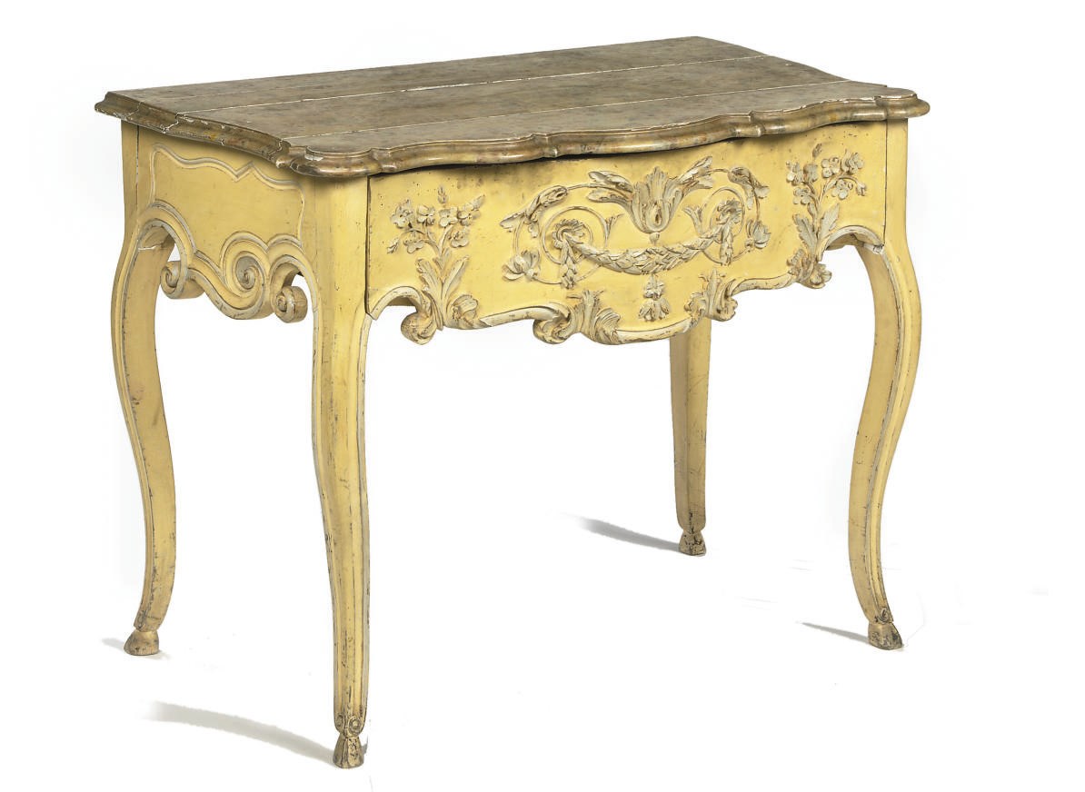 A FRENCH PROVINCIAL YELLOW PAINTED AND MARBLEIZED CONSOLE TABLE
