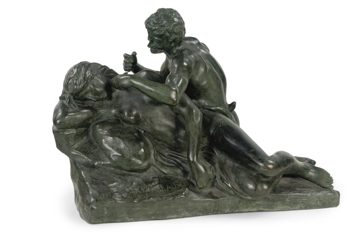 A BRONZE GROUP OF A SATYR TEASING A NYMPH 'TENDRESSE'