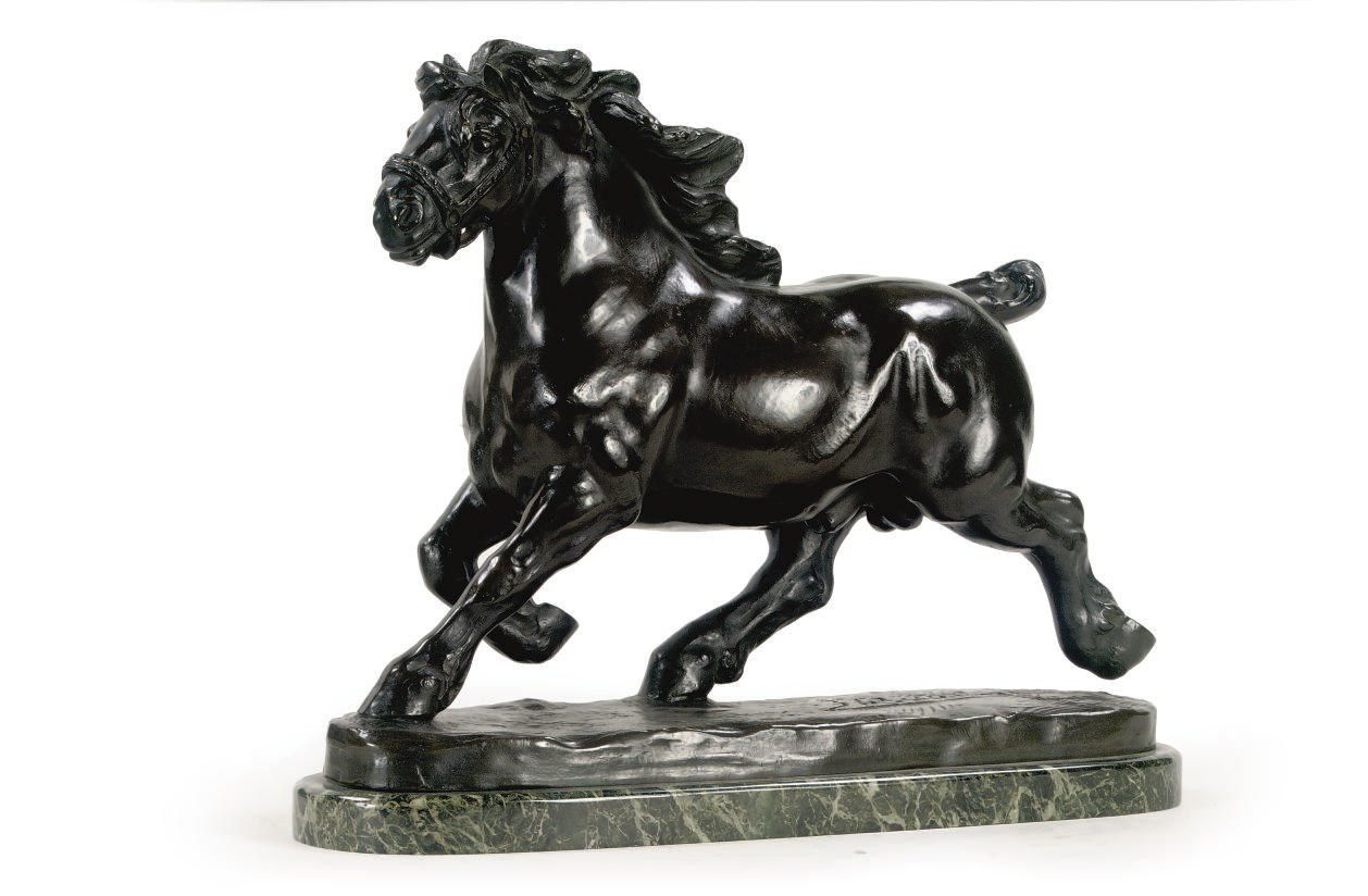 A BRONZE FIGURE OF A HORSE IN GALLOP