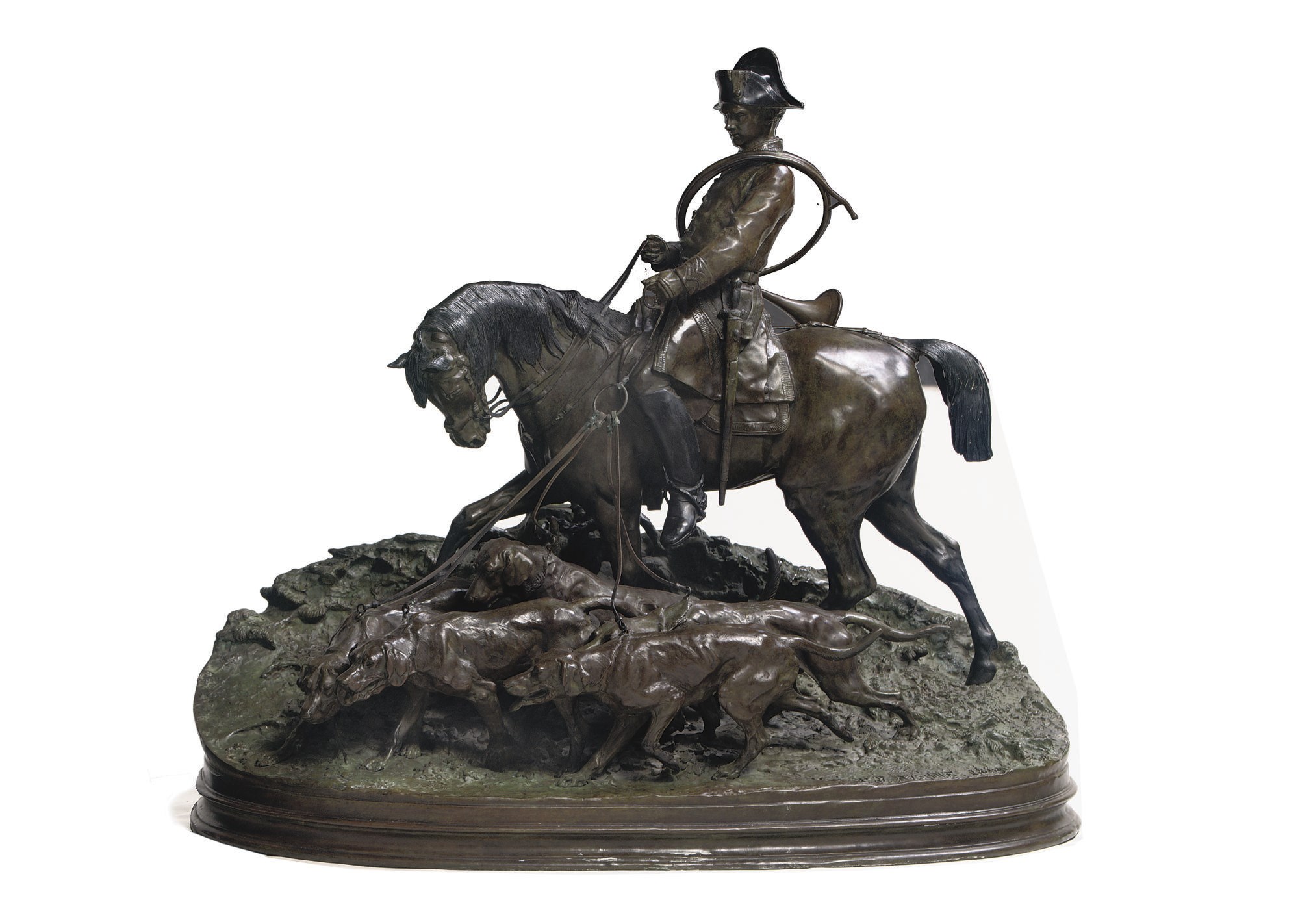 A BROWN, GREEN AND BLACK PATINATED BRONZE GROUP OF A HUNTSMAN WITH HOUNDS 'VALET DE CHIEN A CHEVAL MENANT SA HARDE'