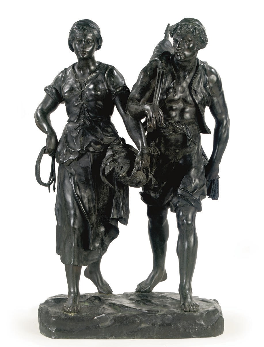 A BRONZE GROUP OF A FISHERMAN AND A WOMAN WITH THE CATCH OF THE DAY