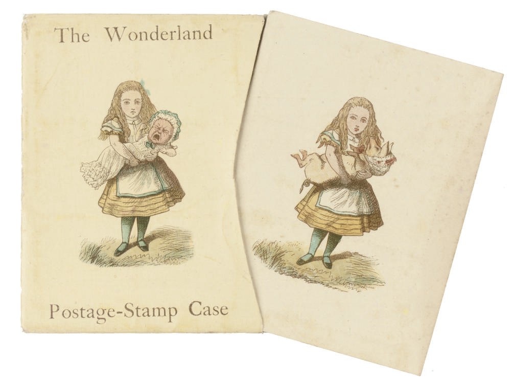 "CARROLL, Lewis" [i.e. Charles Lutwidge DODGSON (1832-98)].  The Wonderland Postage-Stamp Case. 'Invented by Lewis Carroll', 'Price One Shilling'. [Oxford: Emberlin and Son], 1889. Small 4° (99 x 78mm). Folding card with pockets for 12 postage stamps (½d to 1s.), linen-backed card slipcase, both with complementary illustrations by Sir John Tenniel on upper and lower covers. INSCRIBED BY CARROLL in purple ink across the lower border of the interior, "Miss [Elizabeth] Wordsworth, from the Inventor, May, 1891". FIRST EDITION.