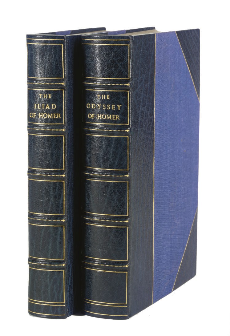 HOMER & William RUSSELL FLINT (1880-1969, illustrator).  The Odyssey, translated by S.H. Butcher & Andrew Lang. London: The Medici Society; Boston: Hale, Cushman & Flint, 1936. 2 volumes, 8° (212 x 147mm). Half title, title in red and black, 20 coloured illustrations after Flint. Half blue morocco gilt by Sangorski and Sutcliffe for Asprey & Co., gilt edges.