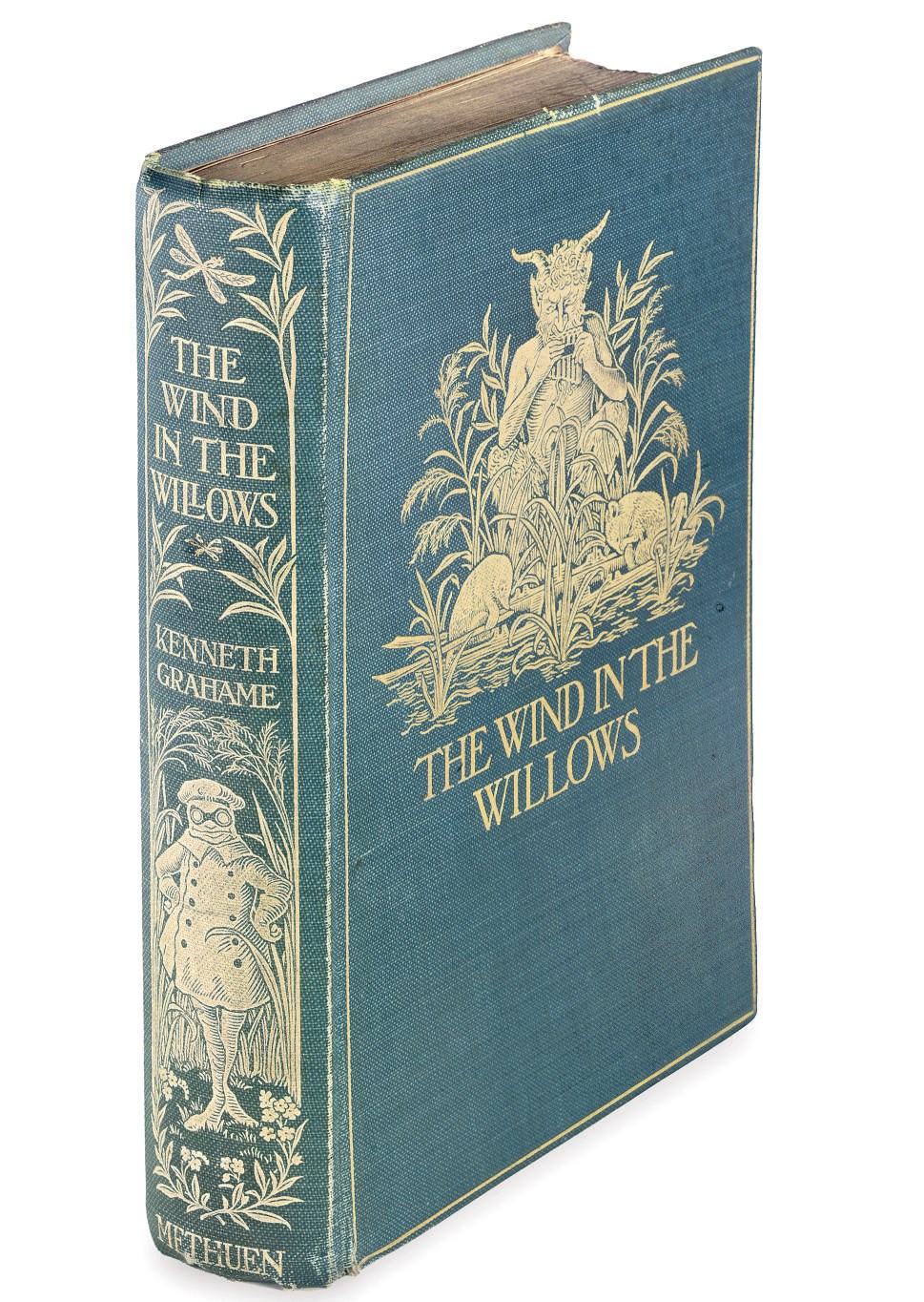 GRAHAME, Kenneth (1859-1932). The Wind in the Willows. London: Methuen, 1908. 8° (185 x 125mm). Frontispiece by Graham Robertson, tissue guard (preliminaries spotted and with light offsetting, endpapers browned). Publisher's blue-green cloth gilt, designs on upper cover and spine, top edges gilt, other edges uncut (some faint waterstaining to lower cover, 1/2" bump to upper cover, light edge/corner wear). FIRST EDITION OF GRAHAME'S MASTERPIECE, WHICH THIS YEAR CELEBRATES ITS CENTENARY.