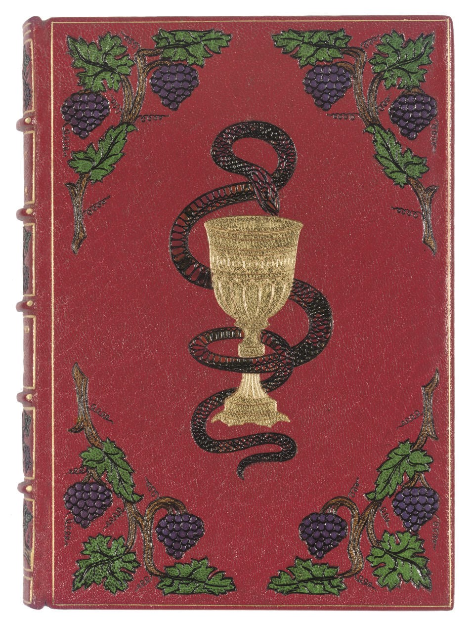 JAMES, Gilbert (active: 1886-1926; illustrator). -- OMAR KHAYYAM (d. c.1123).  The Rubaiyat, translated by Edward Fitzgerald. London: George Routledge & Sons; New York: E.P. Dutton & Co., 1908. Small 4° (197 x 141mm). Title printed in red and black, hand-coloured frontispiece and 11 plates SIGNED BY GILBERT JAMES. Mid 20th-century red morocco gilt by Bayntun (Riviere), covers with gilt fillet border, front cover with a central gilt-stamped chalice surrounded by a snake stamped in outline and coloured green, purple and tan by hand, cornerpieces of vine designs stamped in outline and coloured in green, brown and purple by hand, central grape cluster stamped in outline and coloured green, brown and purple by hand on lower cover, spine divided into 6 compartments by raised bands, lettered in gilt in 2, the others decorated with a vine design composed of a central stalk surrounded by grape clusters and vine leaves stamped in outline and coloured in green, brown and purple by hand, gilt turn-ins, yellow watered silk pastedowns and endpapers, gilt edges.