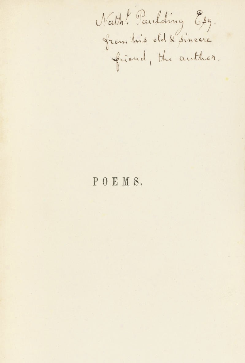 MOORE, Clement Clarke (1779-1863).  Poems. New York: Bartlett & Welford, 1844. 8° (184 x 120mm). Half title (occasional light spotting, a few gatherings starting to detach). Contemporary boards, paper label on spine (spine almost detached, extremities a little rubbed), with a cloth dust-jacket and slipcase. Provenance: Katherine de Berkley Parsons (book-label).
