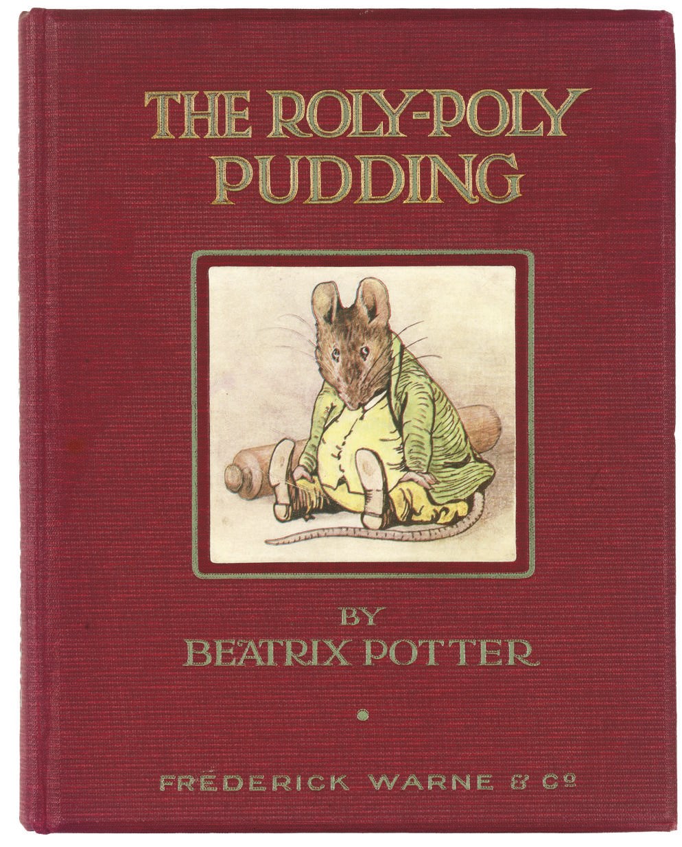 POTTER, Beatrix (1866-1943). The Roly-Poly Pudding. London & New York: Frederick Warne, 1908. Small 4° (201 x 162mm). Half title, coloured frontispiece, 17 coloured full-page illustrations and 38 black and white illustrations by Beatrix Potter. Original red cloth, lettered in green and gold and with pictorial paper label showing a fat rat on front cover (head and tail of spine very lightly bumped). FIRST EDITION, FIRST ISSUE. Linder p.191; Quinby 15.