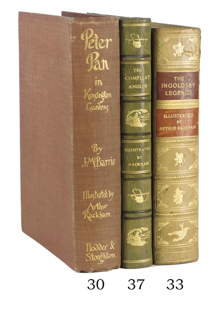 BARRIE, James Matthew (1860-1937).  Peter Pan in Kensington Gardens. London: Hodder & Stoughton, 1906. 4° (249 x 187mm). Half title, 50 coloured plates by Arthur Rackham, mounted on brown paper (half title and title spotted, text with just a few spots). Original pictorial cloth (extremities rubbed). FIRST TRADE EDITION. Latimore & Haskell p.27.