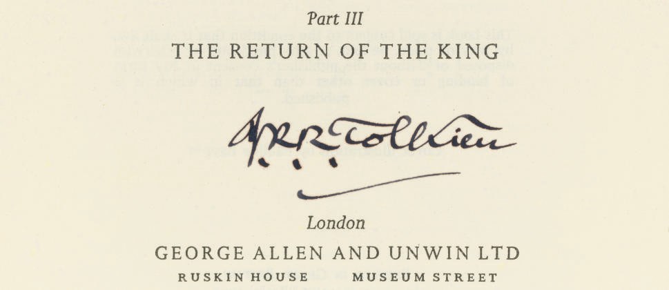 TOLKIEN, J. R. R.  The Lord of the Rings. London: George Allen and Unwin, 1968. 8°. Paper wrappers illustrated by Pauline Baynes (corners creased, slight water staining to foot of backstrip). FIRST PAPERBACK EDITION based on the revised text of 1966, SIGNED BY TOLKIEN IN BLACK INK ON THE TITLE-PAGE. Hammond A5(g).