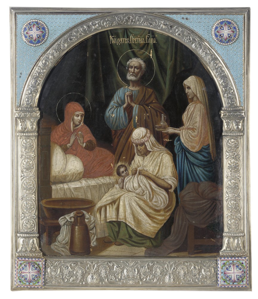 THE BIRTH OF THE MOTHER OF GOD WITH AN ENAMELLED SILVER OKLAD