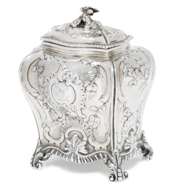 A GEORGE III ROCOCO SILVER TEA CADDY