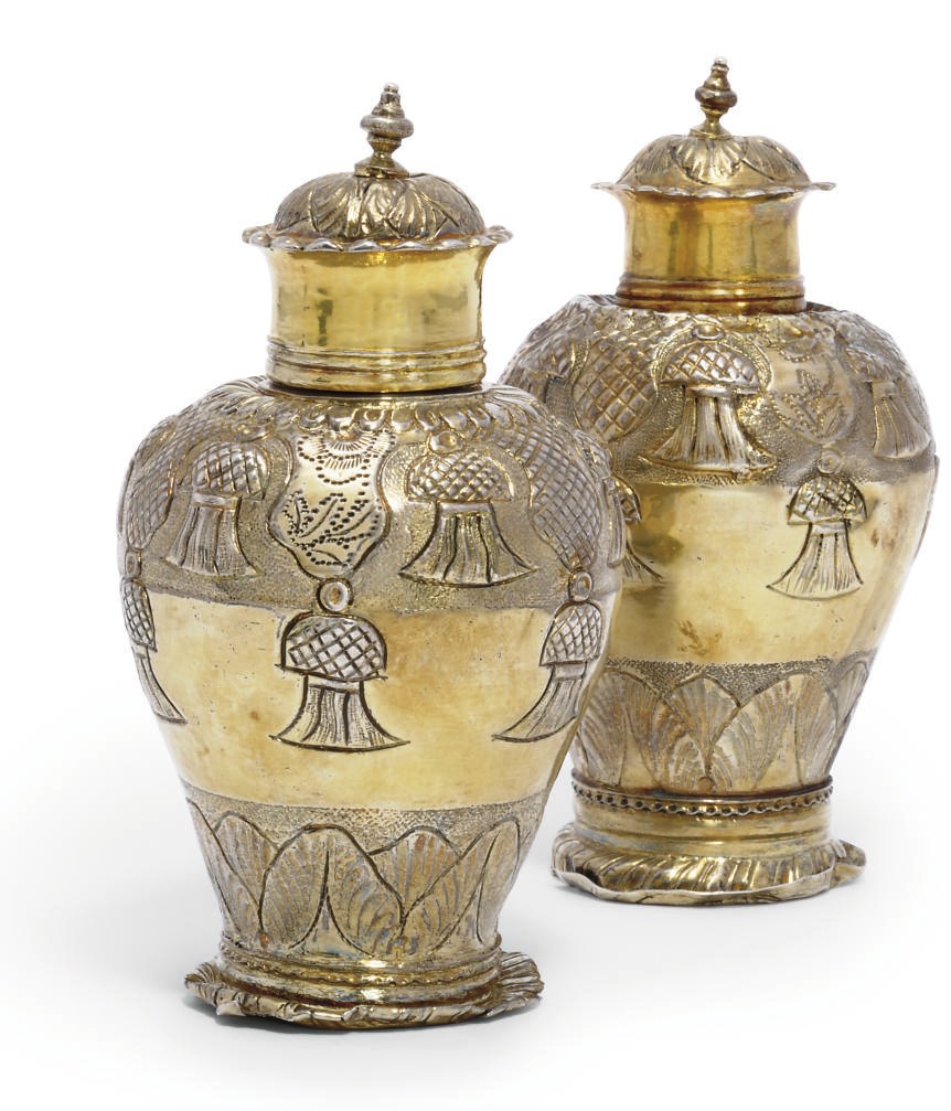 TWO VERY SIMILAR DUTCH SILVER-GILT TEA CADDIES