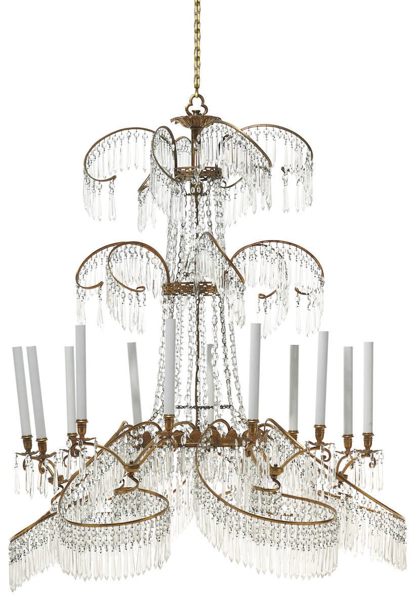 A GILT-BRASS AND GLASS TWELVE-LIGHT CHANDELIER