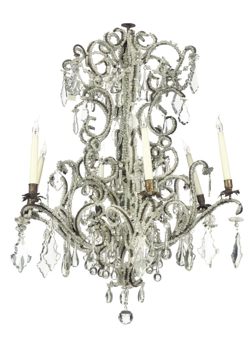 AN ITALIAN IRON-FRAMED GLASS-BEAD CHANDELIER