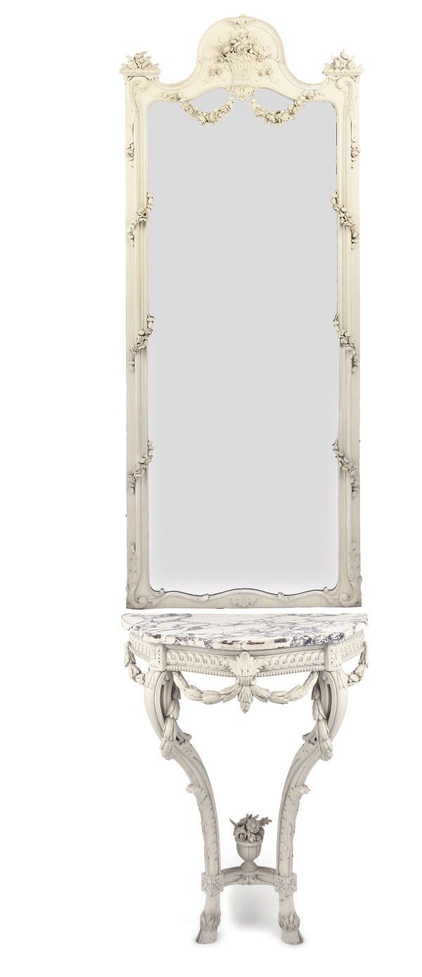 A FRENCH GREY PAINTED MARBLE MOUNTED CONSOLE AND PIER MIRROR