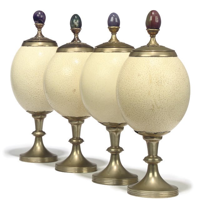A SET OF FOUR ANTHONY REDMILE SILVER-PLATED OSTRICH EGG ORNAMENTS