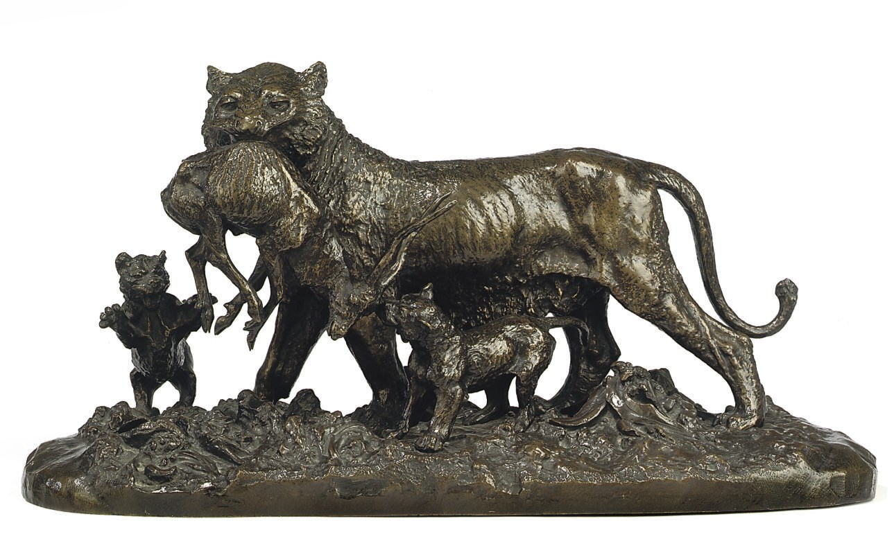 A FRENCH BRONZE HUNTING GROUP OF A LIONESS AND CUBS