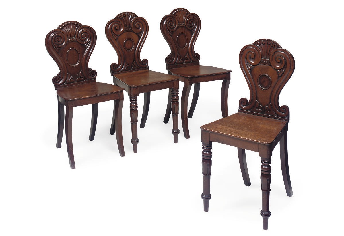 TWO PAIRS OF WILLIAM IV MAHOGANY HALL CHAIRS