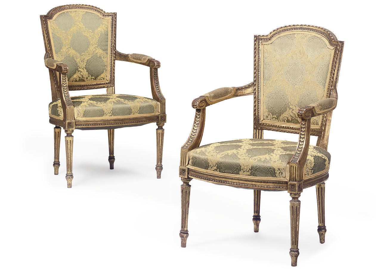 A PAIR OF GILTWOOD AND PAINTED FAUTEUILS