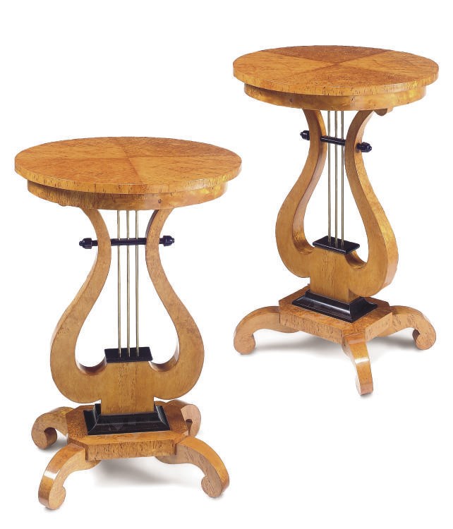 A PAIR OF KARELIAN BIRCH AND EBONISED OCCASIONAL TABLES