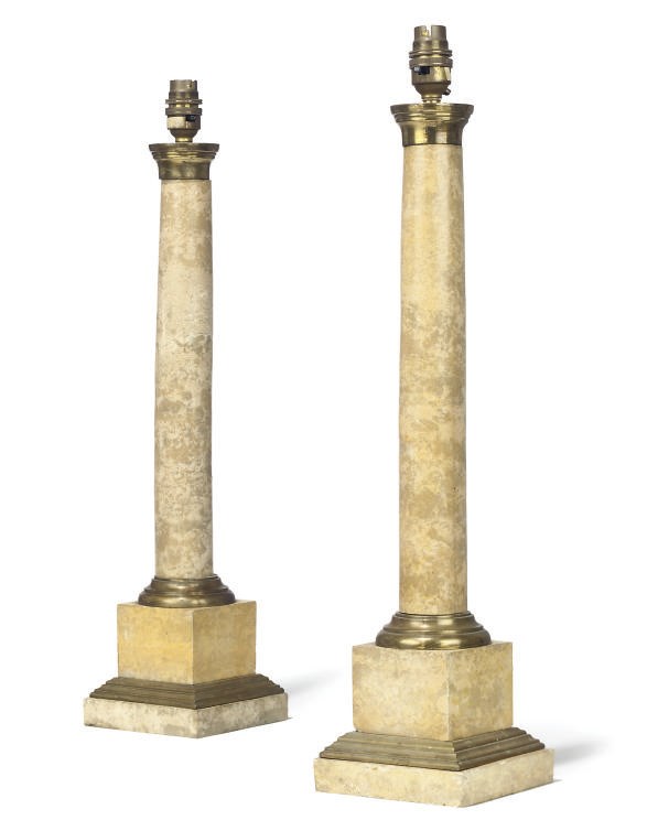 A PAIR OF PAINTED STONE AND BRASS MOUNTED TABLE LAMPS