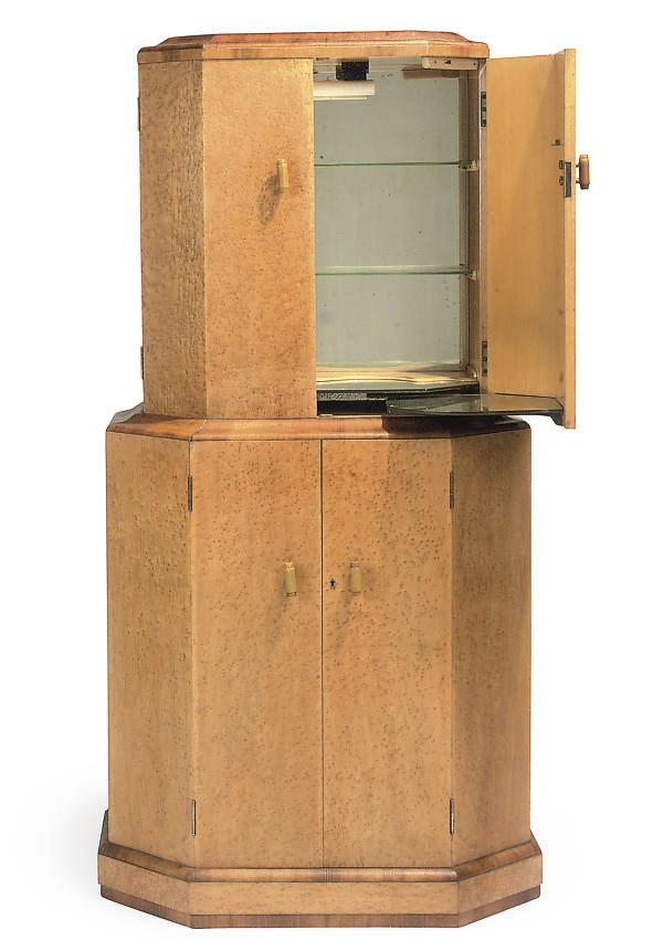 AN ART DECO BIRDS EYE MAPLE AND WALNUT COCKTAIL CABINET