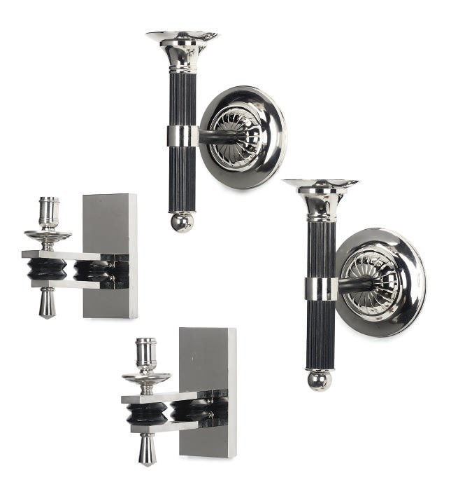 A PAIR OF CHROMIUM PLATED AND EBONISED METAL WALL APPLIQUES