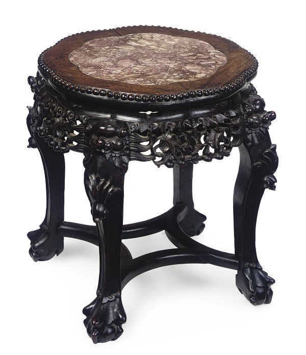 THREE ASIAN MATCHED EBONISED HARDWOOD AND MARBLE INSET OCCASIONAL TABLES