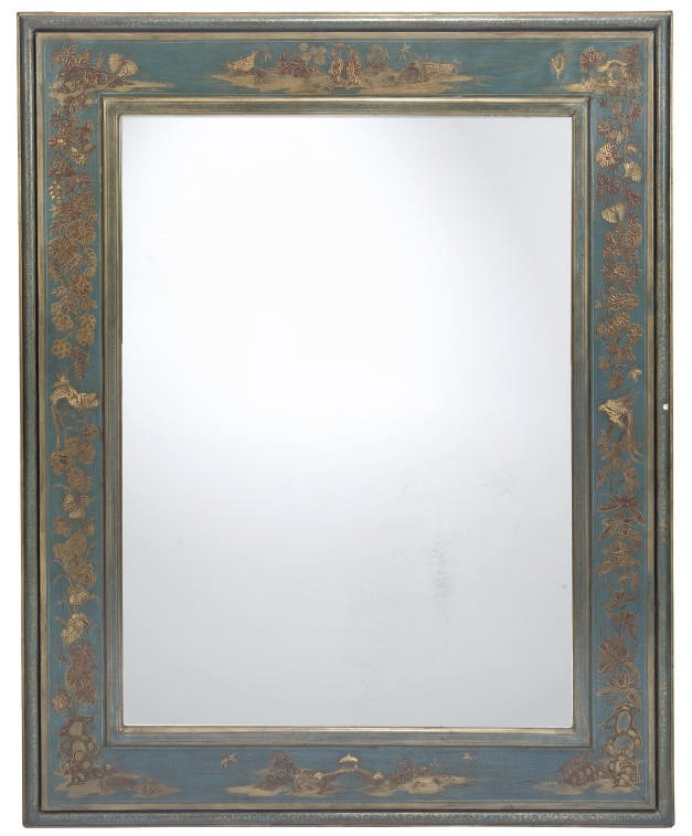 A BLUE JAPANNED AND CHINOISERIE GILT DECORATED MIRROR