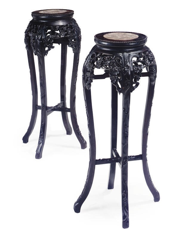 A PAIR OF CHINESE EXPORT EBONISED HARDWOOD JARDINIERE STANDS