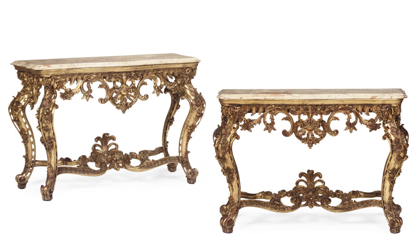 A PAIR OF GILTWOOD AND MARBLE MOUNTED CONSOLE TABLES