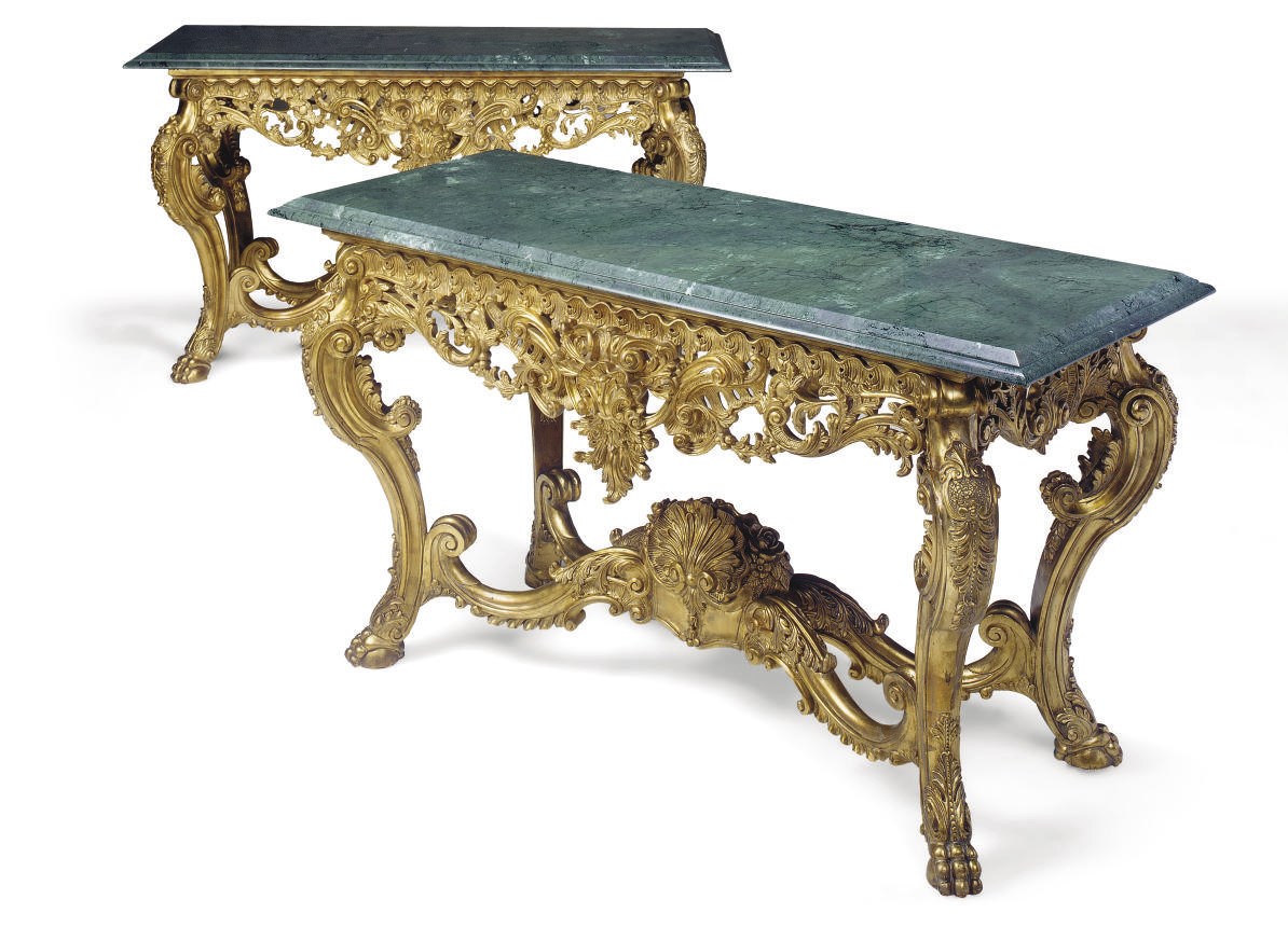 A PAIR OF GILTWOOD GREEN MARBLE MOUNTED CENTRE TABLES