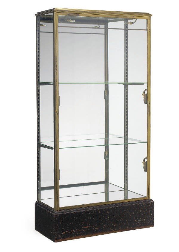 A GLAZED LACQUERED BRASS DISPLAY CABINET