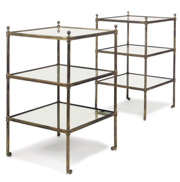 A PAIR OF LACQUERED BRASS THREE-TIER ETAGERES