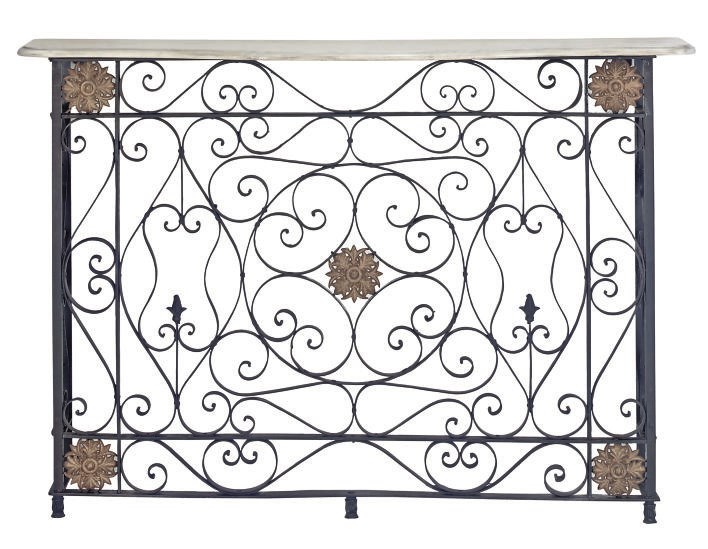 A BLACK PAINTED WROUGHT IRON MARBLE MOUNTED CONSOLE TABLE