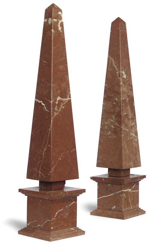 A PAIR OF VARIGATED PINK MARBLE OBELISKS