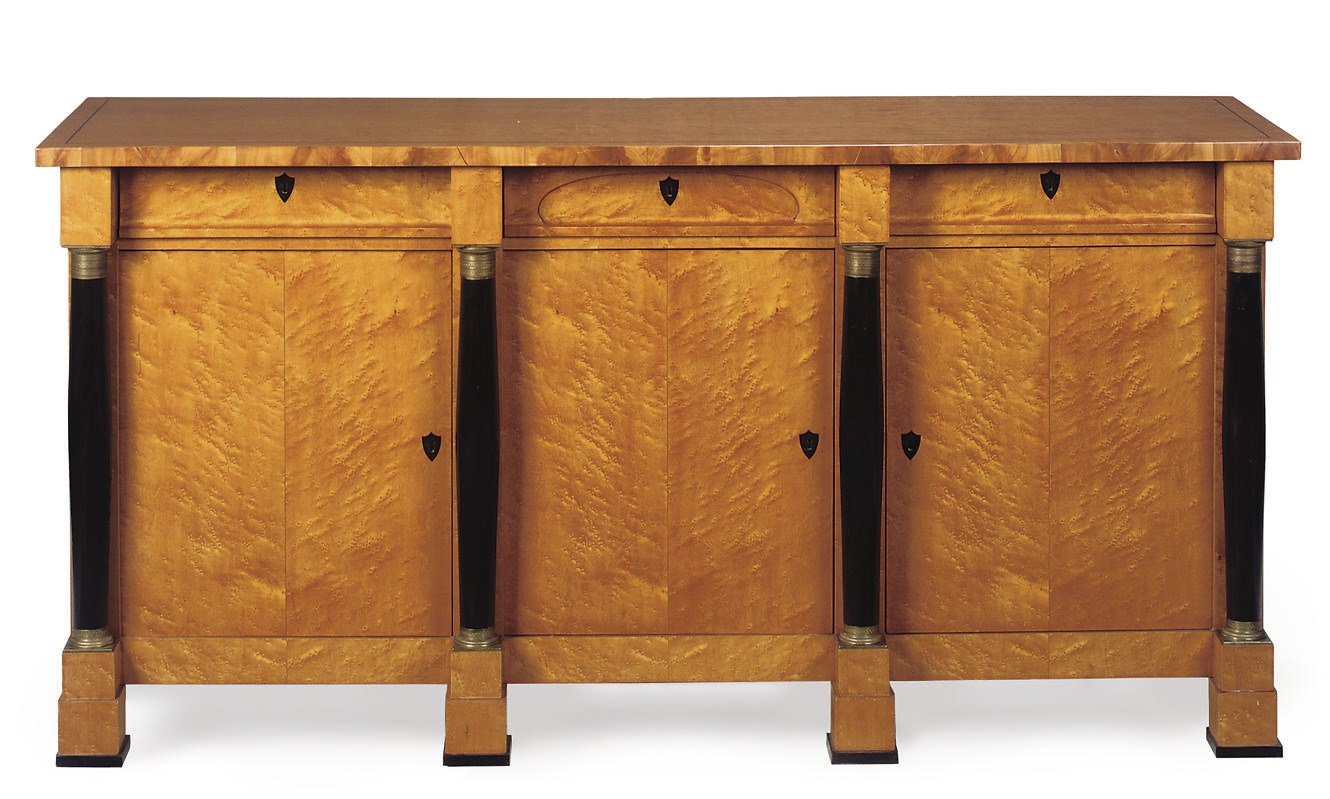 A BURR MAPLE, EBONISED AND GILT-BRASS MOUNTED SIDEBOARD