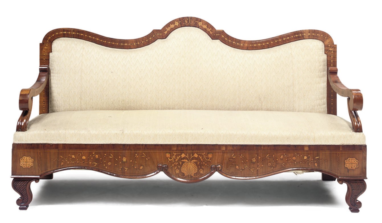 AN ITALIAN WALNUT AND MARQUETRY SOFA